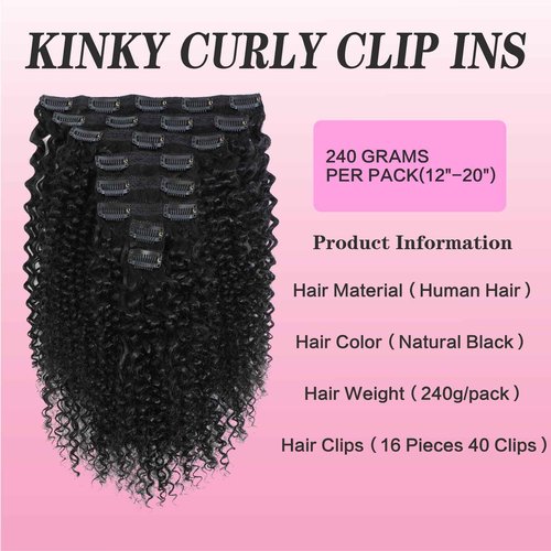 Geogroket Kinky Curly Clip in Hair Extensions for Women 3C 4A Kinky Curly Clip ins 10A Brazilian Virgin Human Hair Curly Hair Extensions 16pcs 240g/set Natural Black （20 Inch）