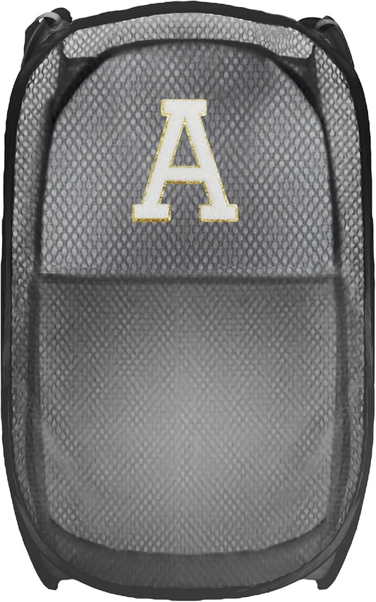 Collapsible Pop Up Laundry Hamper, Extra Large with Removable Initial Letter A, Mesh Foldable Laundry Basket, 28" x 16" x 16" (Black)