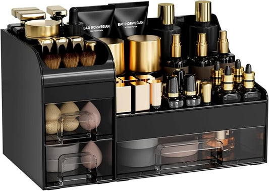 Large Makeup Organizer for Vanity,Countertop Organizer with Drawers and Brush Holder,Men’s Cologne Organizer for Bathroom,Cosmetic Skin Storage for Lipsticks,Nail Polish & Shaving Lotion,Black