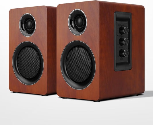 Computer Speakers for Desktop PC, Active Bookshelf Speaker with 3‘’ Carbon Fiber Woofer and Silk Film Tweeter ,Supports Bluetooth 5.3, USB-C, AUX/RCA Input for Record Player TV - Brown Stereo Set