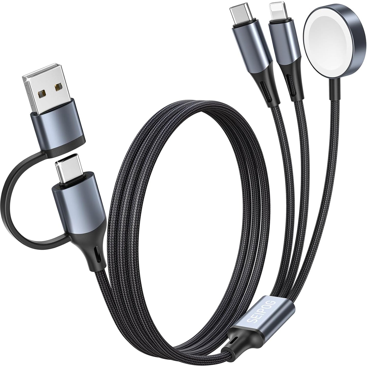 3 in 2 Multi Charging Cable for Apple Watch Charger, Nylon Braided 4FT Multi Chargers for All Devices, USB C Multiple Charger Cord Compatible with iPhone 16 15 14/iWatch UItra/SE/9-1/Galaxy Android