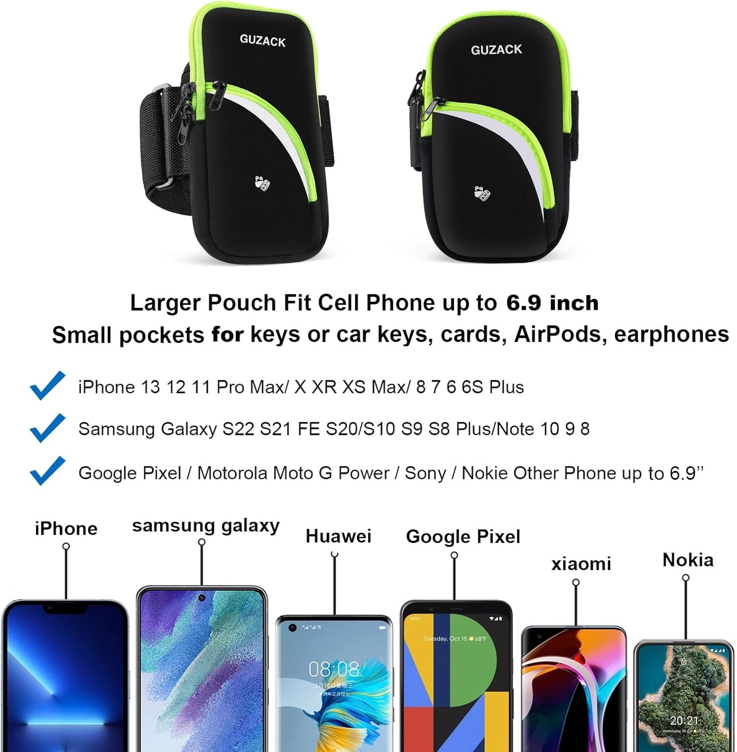 Phone Holder for Running Armband for iPhone 14 15 Pro Max 13 12 11 X XS XR 8 7 6 Plus SE Samsung Up to 6.9'' Cell Phone Arm Bands Bag with Key Card Pocket for Walking Exercise Workout Fitness