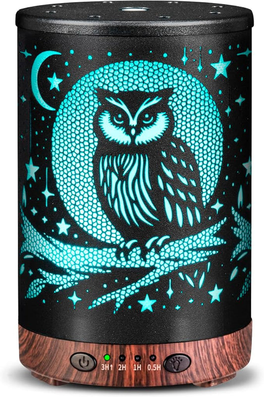 Essential Oil Diffuser 120ML Metal Aromatherapy Diffuser with Timer, Cool Mist Humidifier with Auto Shut-Off & 7 Color Lights for Home Office Spa (Owl)