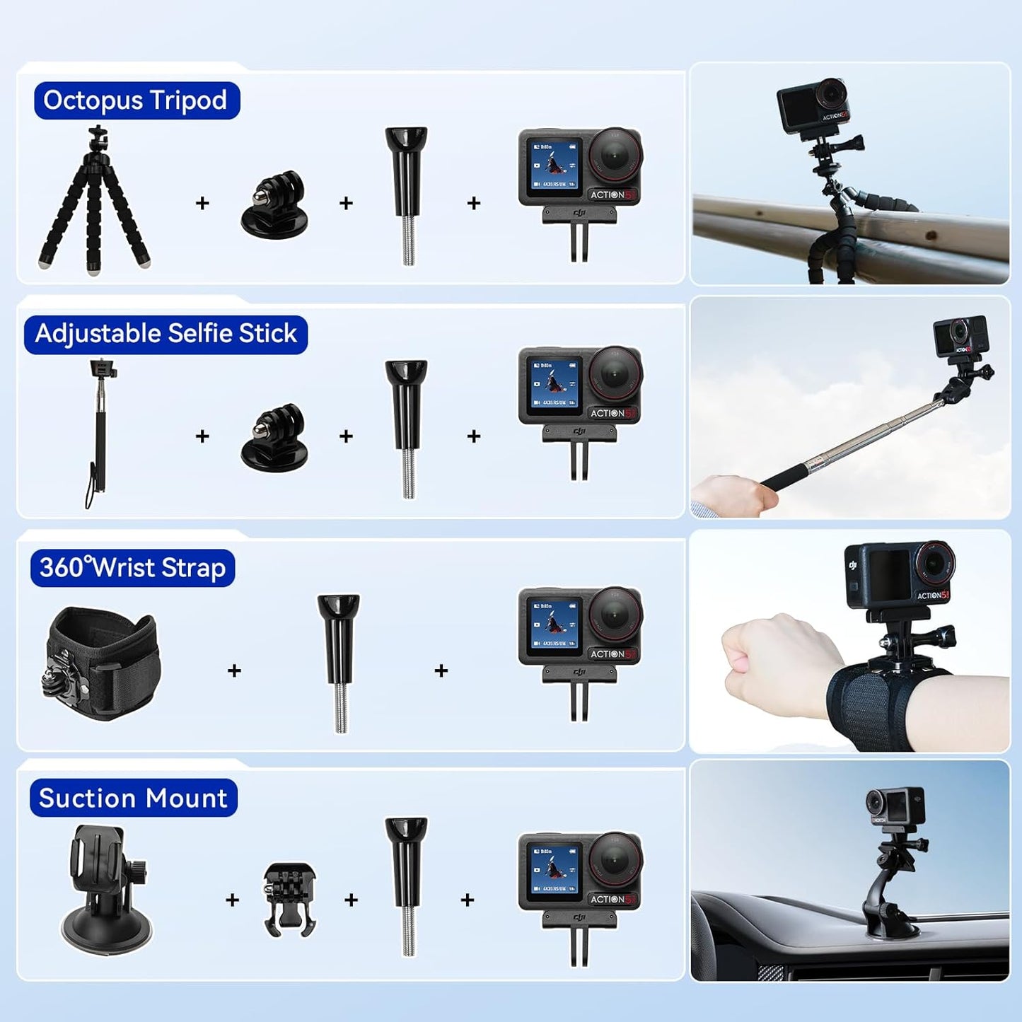 DJI Osmo Action 5 Pro Standard Combo,with 58 Piece Accessory Kit and 2 Extra Batteries + 64GB Card - Waterproof Action Camera with 1/1.3" Sensor, 4K/120fps Video, Action Camera 4K Ideal for Sports