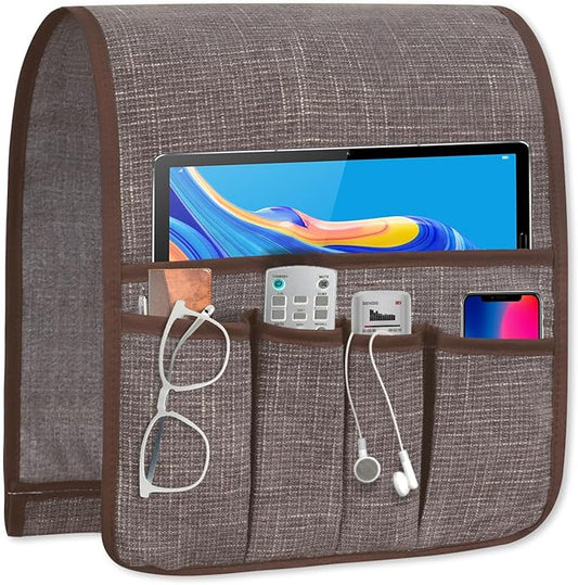 Armchair Caddy Remote Control Holder, Couch Caddy Gifts for Seniors Bed Caddy Tv Remote Holder with 5 Pockets for Key Glasses Phone Magazine Holders