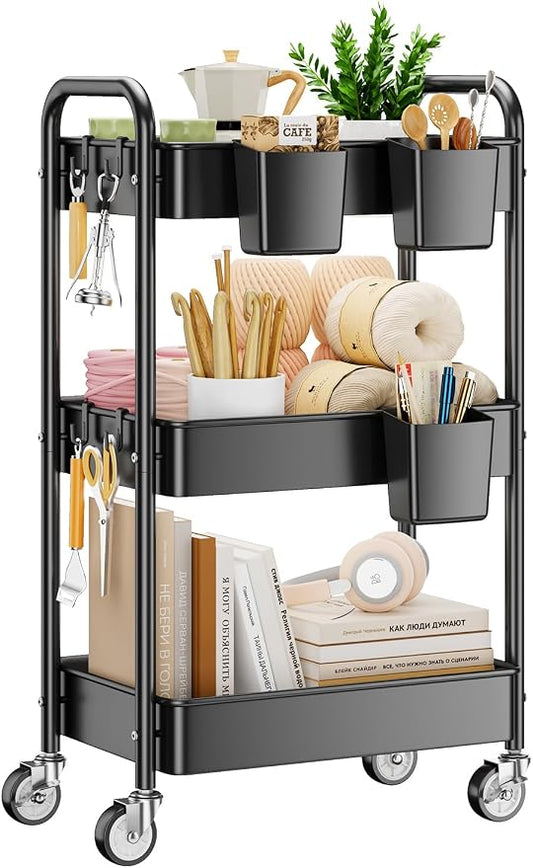 YASONIC 3 Tier Rolling Cart - Metal Utility Cart with Wheels, Hanging Cups, Hooks, Heavy Duty Mesh Rolling Storage Cart Organizer, Craft Cart for Kitchen Office, Lightweight and Sturdy