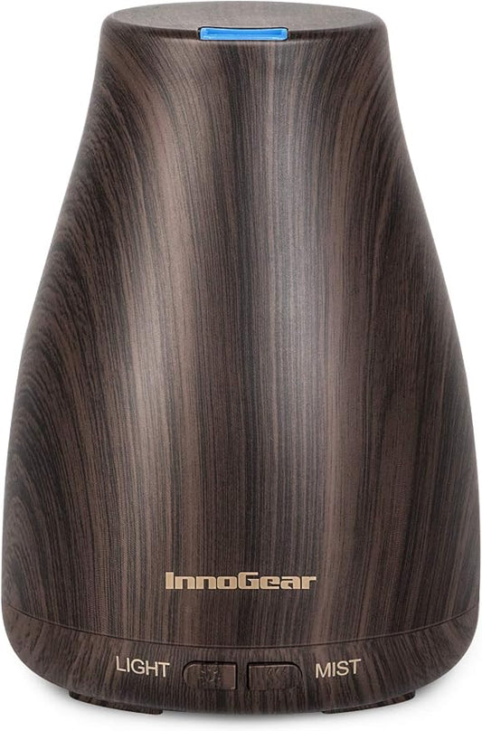 InnoGear Essential Oil Diffuser, Ultrasonic Diffusers for Home Aromatherapy Humidifier for Bedroom Room 7 Colors LED 2 Mist Mode Auto Off, Brown