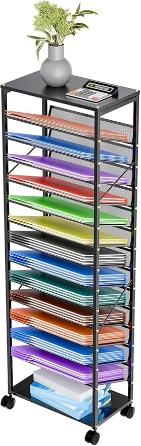 Ekisemio 15 Tier Rolling File Cart, Sturdy and Durable Desk File Organizer with Metal Mesh Letter Tray, Heavy-Duty Rolling Clutter Cart for Office, Home, School, Black