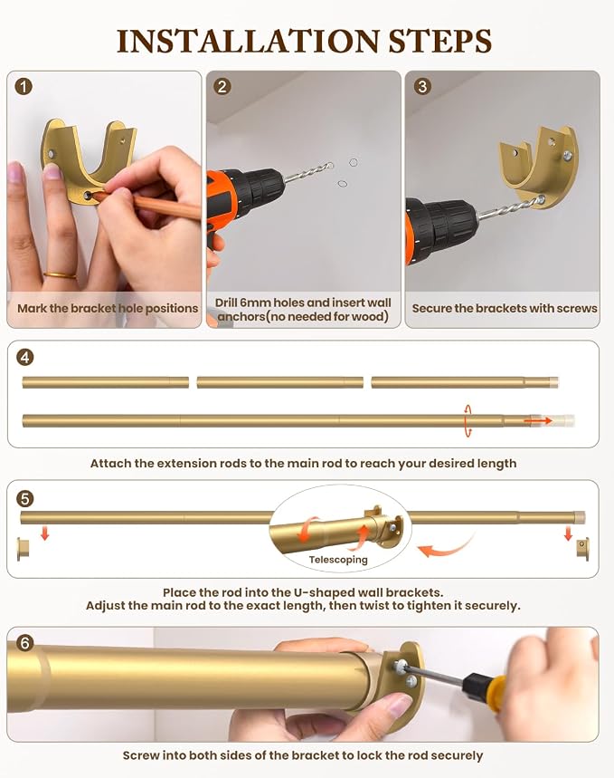 Heavy Duty Closet Rod, 17-54 IN Closet Rods for Hanging Clothes, Gold | Stepless Adjustable, Supports up to 66 lbs, Multiple Size Options, Easy Installation, Multi Purpose , Wall-Mounted