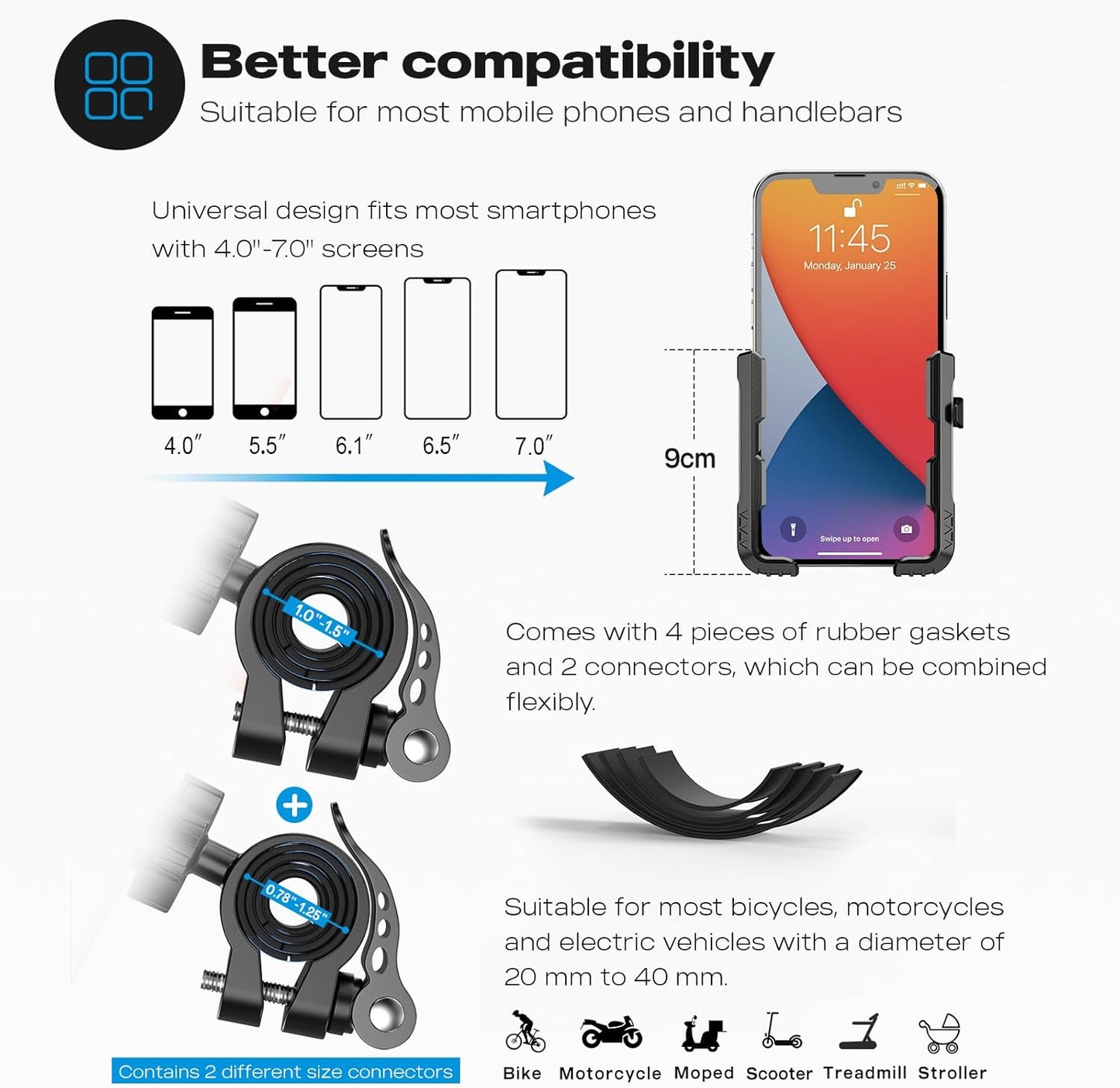 New Upgraded Bike Phone Mount Holder Two Connectors Quickly Lock and Release,360°Rotatable Bicycle Motorcycle Scooter Accessories Handlebar Phone Clip for 4.0"-7.0"" Smartphone (Black)"