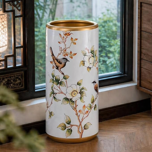 Ceramic Entryway Umbrella Stand,Handmade Appliques Chinese Umbrella Stand Barrels,Vintage Floor Standing Cane Holder Placed & Flower Vases for Hotel Office Home Entrance,A,17.3in