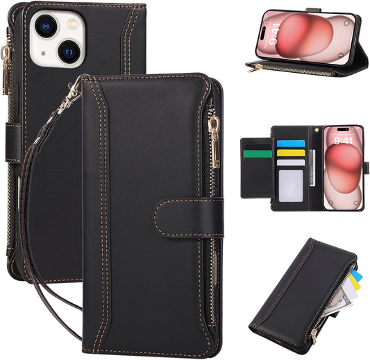 Compatible with iPhone 15 Wallet Phone Case-PU Leather Magnetic Flip Cover with Credit Card Slots,Zipper Pocket & Detachable Wrist Strap,Shockproof Design,for Women and Men-Black