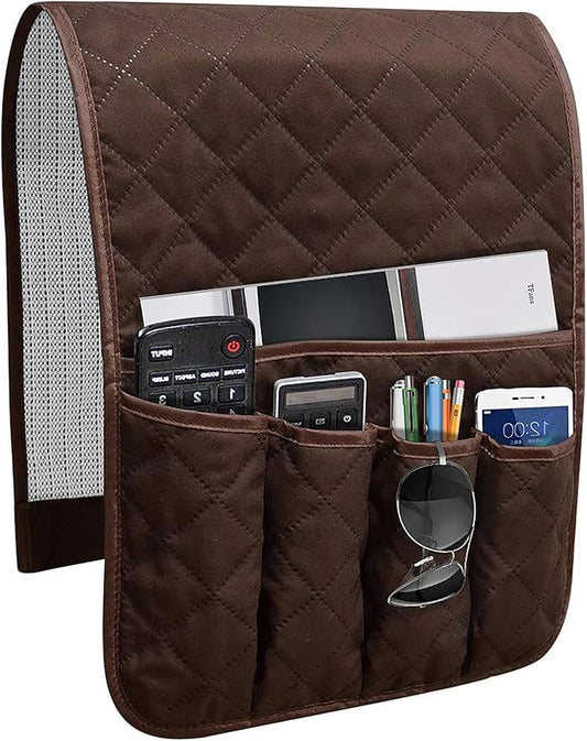 Armchair Caddy for Recliner, Couch Caddy Storage Organizer with 5 Pockets, Non Slip Sofa Arm Organizer for Remote Controls, Phone, Magazines, Tablet (Dark Brown)