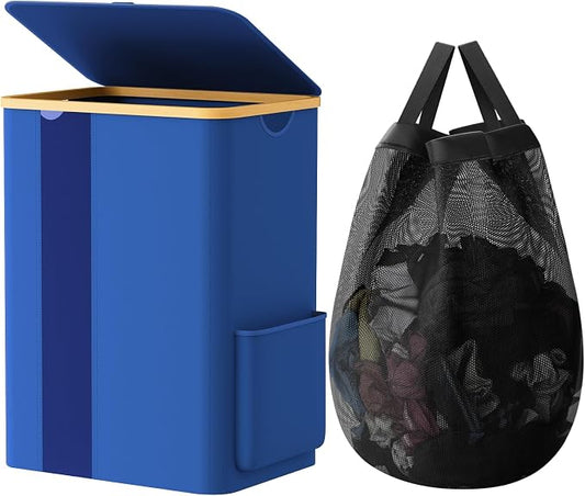 BlissTotes Laundry Basket with Lid, 80L Clothes Laundry Hamper with Handles and Removable Laundry Bag, Breathable Design Hamper with Lid for Bedroom, Bathroom, Dorm, Laundry Room - Blue