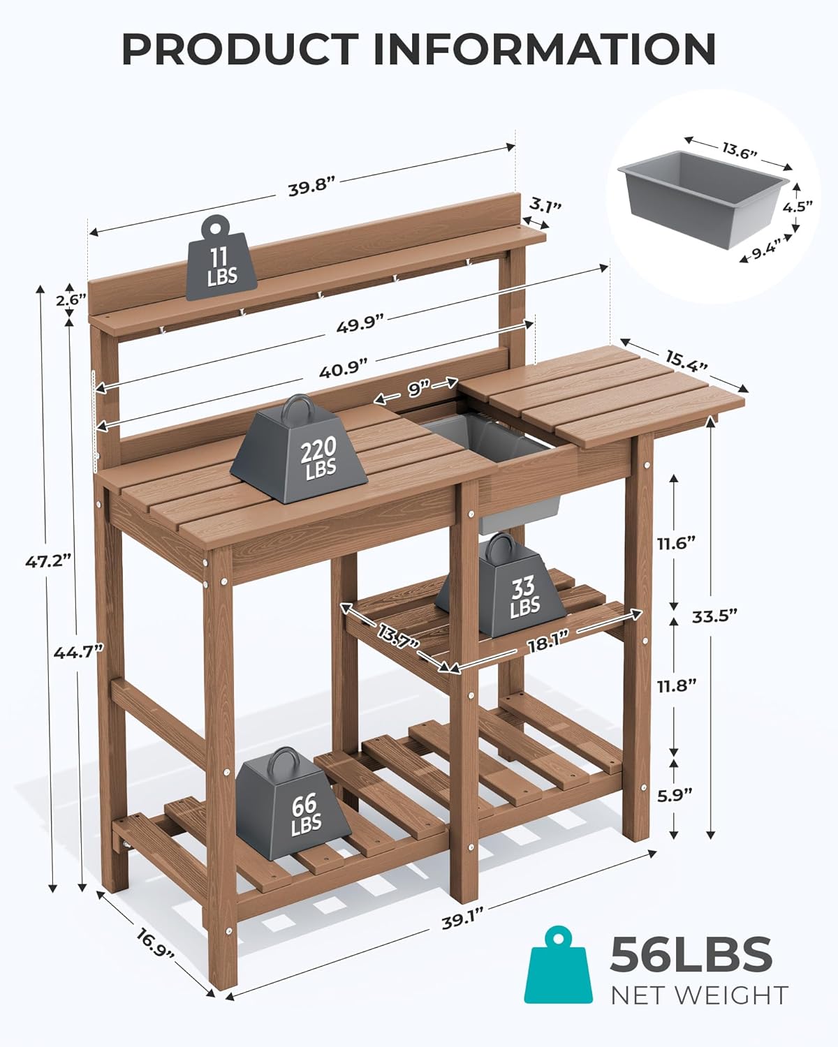 SERWALL Potting Bench Outdoor Potting Table with Sink, HDPE Potting Benches for Outside Gardening Table All Weather Use- Brown