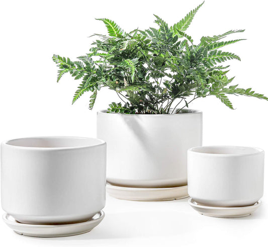 LE TAUCI Ceramic Plant Pots, 4.3+5.3+6.8 inch, Set of 3, Planters with Drainage Hole and Saucer, Indoor Flower Pot with Hole Mesh Pad, Gifts for Mom, White