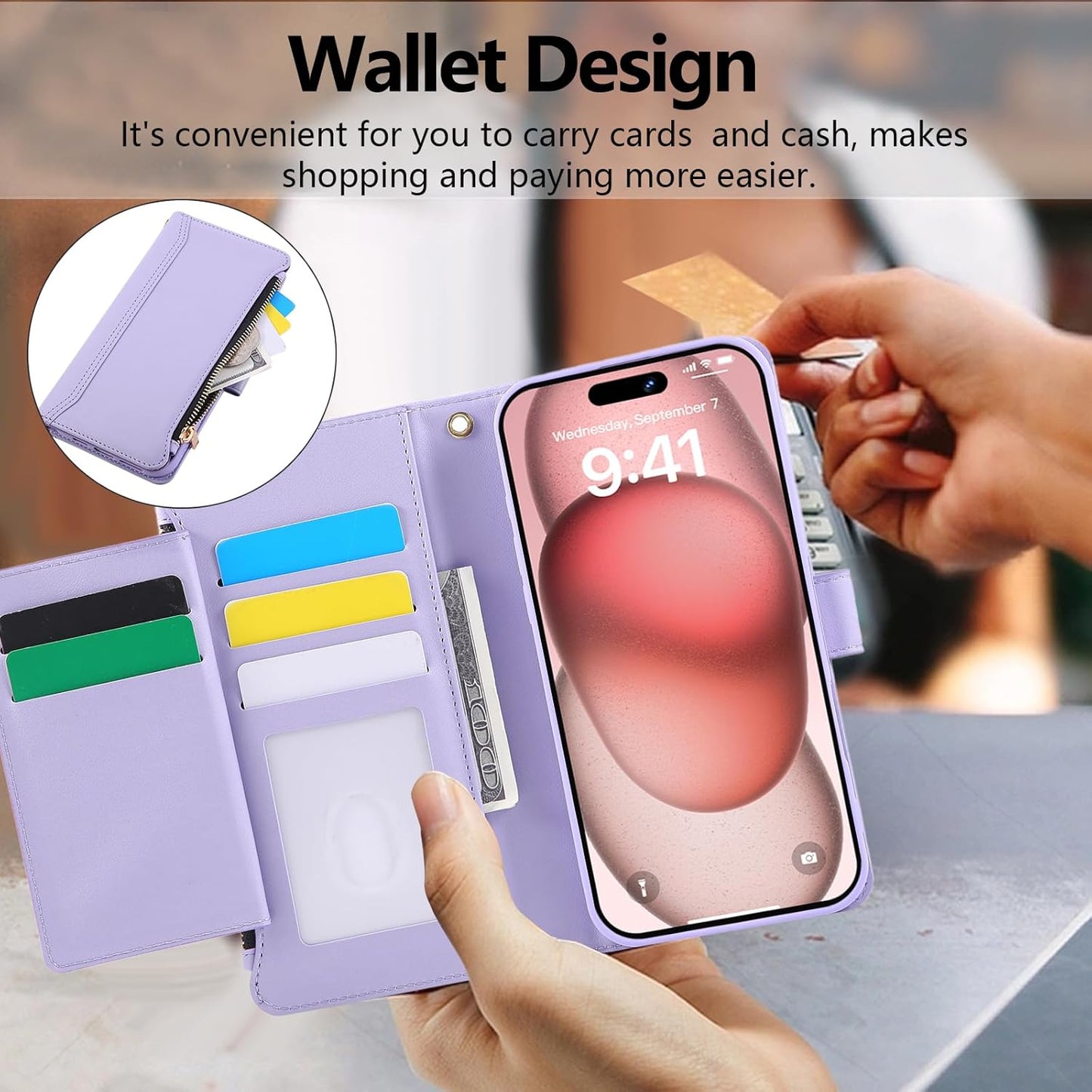 Compatible with iPhone 14 Pro Wallet Phone Case-PU Leather Magnetic Flip Cover with Credit Card Slots,Zipper Pocket & Detachable Wrist Strap,Shockproof Design,for Women and Men-Purple