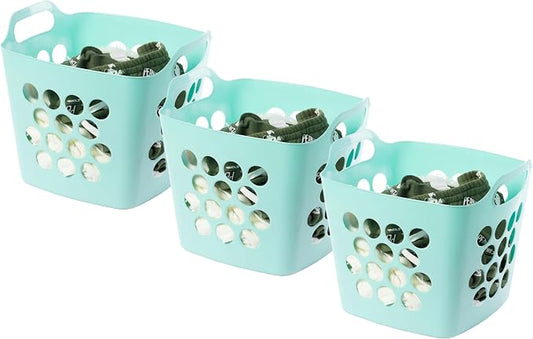 Flexible Plastic Carry Laundry Basket Holder Square Storage Hamper with Side Handles, Green Set of 3