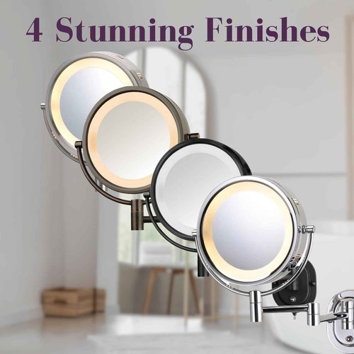 JERDON Wall-Mounted Makeup Mirror with 5X Magnification - Nickel Makeup Mirror with LED Lights - Plug in - HL65N