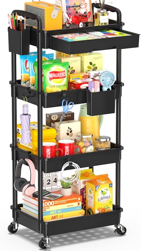 SUNALLY 4 Tier Rolling Utility Cart with Drawer, Storage Organizer Cart with 2 Lockable Wheels, Multifunctional Rolling Storage Cart for Bathroom, Kitchen, Craft, Makeup, Baby Essentials, Black