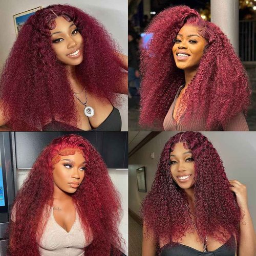 ZANPAL 99J Burgundy Deep Wave Lace Front Wigs Human Hair 13x4 HD Lace Frontal Wigs Human Hair Lace Front Wigs Pre Plucked 99j Burgundy Deep Curly Wigs Human Hair Wigs For Women 180% Density 24 Inch