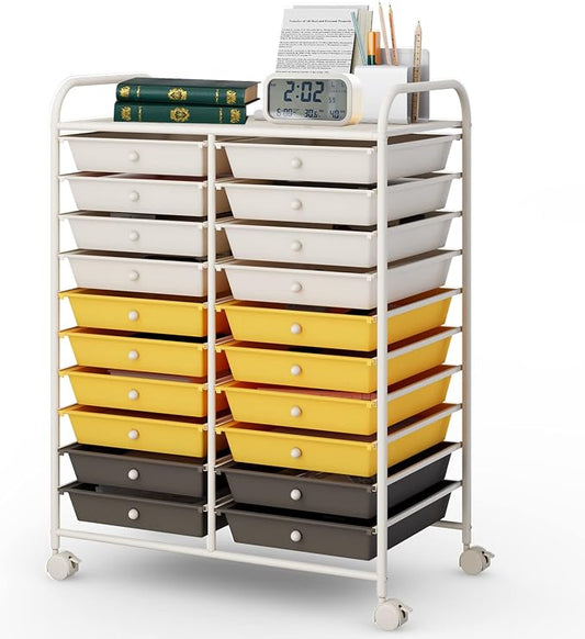 COSTWAY 20-Drawer Rolling Storage Cart, Multipurpose Storage Trolley on Wheels for Home Office School (Yellow, Beige & Grey)