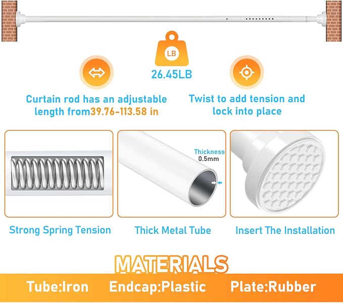 MEXAU White Tension Curtain Rod 40-113 Inch Long Tension Rod 1.26" Spring Tension Curtain Rod Adjustable Curtain Rods No Drilling Tension Shower Rod Curtain Tension Rod for Bathroom Windows Doorways