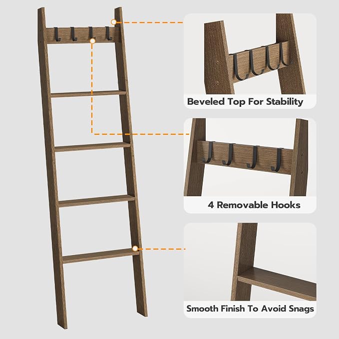 HOOBRO Blanket Ladder for Living Room and Bedroom, Standing Towel Rack, Decorative Ladder Shelf, Wall Leaning Farmhouse Blanket Storage, Towel Rack, Bathroom, 02LB01-51CJ01G1