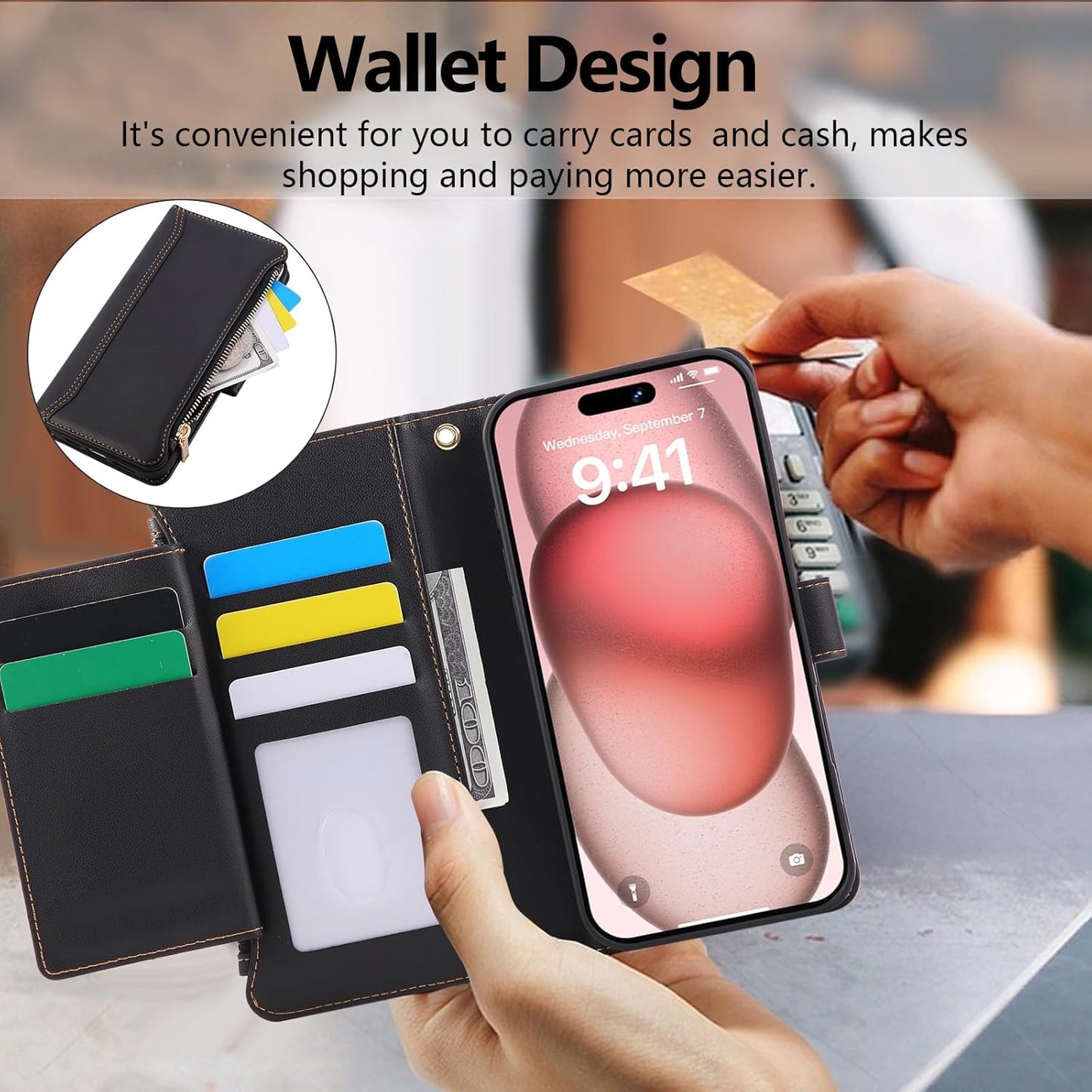Compatible with iPhone 13/14 Wallet Phone Case-PU Leather Magnetic Flip Cover with Credit Card Slots,Zipper Pocket & Detachable Wrist Strap,Shockproof Design,for Women and Men-Black