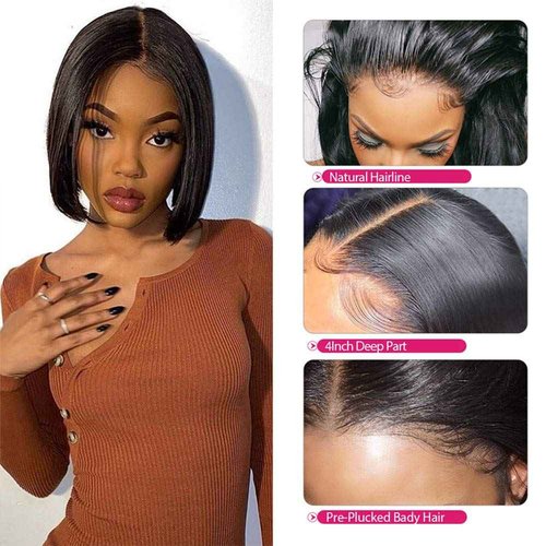 QUINLUX WIGS HD Transparent Lace Short Bob Human Hair Wigs Pre Plucked 13X4 Lace Front Wig 150% Density Brazilian Remy Hair Bob Cut Human Hair wig for Woman Natural Color 10Inch