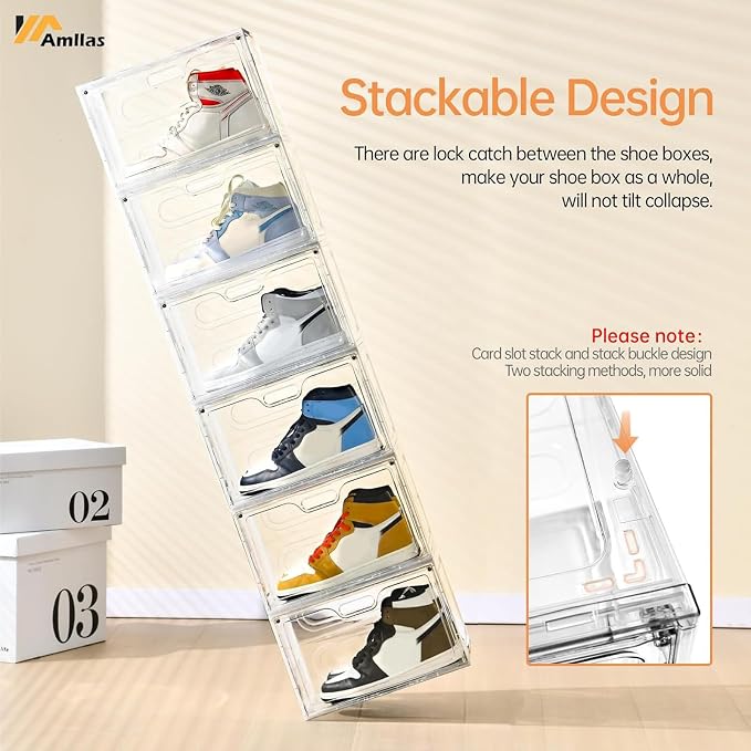 Amllas 8 Pack Shoe Boxes Clear Plastic Stackable, Large Shoe Storage Organizer with Lids,Drop Side Shoe Containers for Entryway,Sneaker Storage Fit up to US Size 13 (13’’x 10.6”x 8.3”)