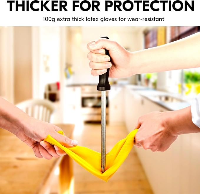 Vgo... 3-Pairs Reusable Household Gloves, Rubber Dishwashing gloves, Extra Thickness, Long Sleeves, Kitchen Cleaning, Working, Painting, Gardening, Pet Care (Size XL, Yellow, HH4601)