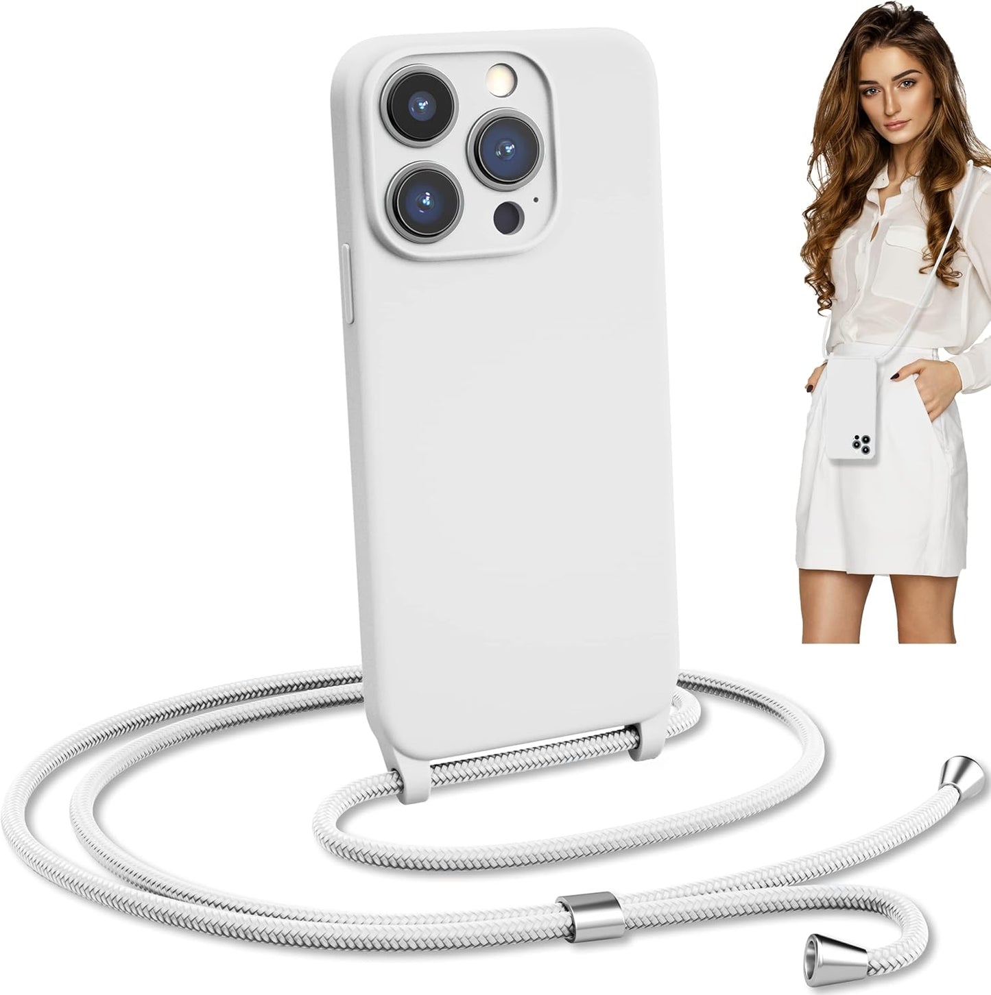Blaspins Crossbody Lanyard Strap Case for iPhone 14, Neck Cross Body, Adjustable Holder Removable, Drop Protection Shockproof, Hands-Free Silicone Case Cover 6.1 inch, 150 cm Strap, iPhone 14 - White