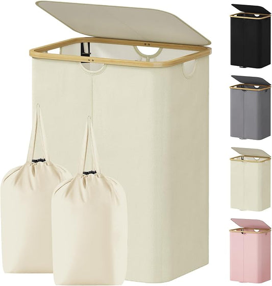 Lifewit 150L Double Laundry Hamper with Lid, Large Laundry Basket with Removable Bag & Bamboo Handles, Fodable Tall Dirty Clothes Hamper for Laundry Collapsible Bin for Bathroom Bedroom Dorm, Beige