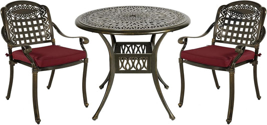 MEETWARM 3 Piece Patio Bistro Set, Outdoor All-Weather Cast Aluminum Dining Furniture Set Includes 2 Chairs with Cushions and a 35.4” Round Table with Umbrella Hole for Garden Deck, Chili Red