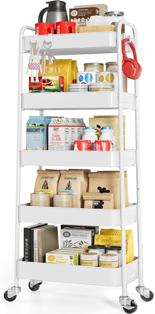 TOOLF 5-Tier Metal Rolling Cart with Wheels, Storage Utility Organizer Cart for Kitchen, Bathroom, Office, Baby Essentials & Makeup - Lockable Casters, Easy Assembly, Large Capacity, White
