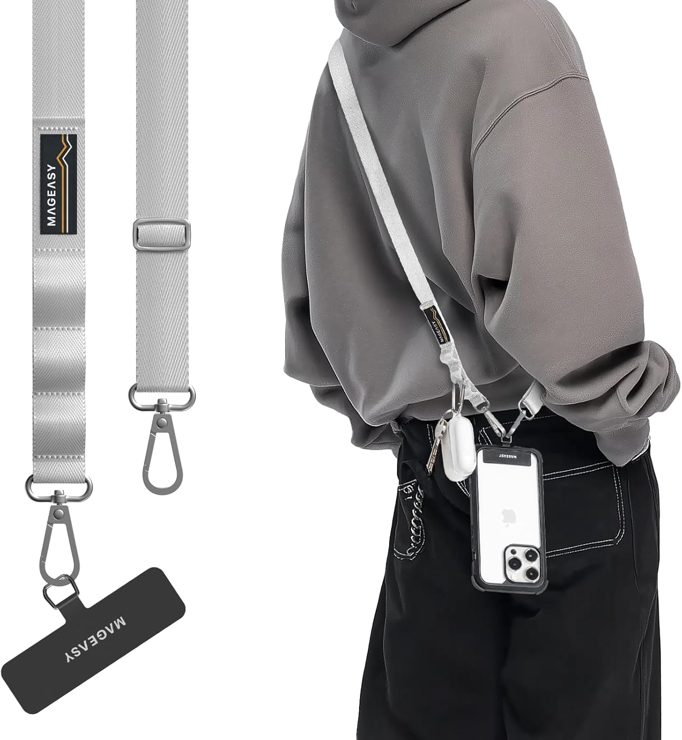 MAGEASY Universal Cell Phone Lanyard Crossbody - Anti-Theft Crossbody Phone Strap for iPhone 16 Pro Max & Most Smartphones, for Men & Women | 20mm (Galaxy Gray)