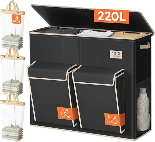SOLEDI 220L Laundry Hamper 3 Section,Extra Large Laundry Basket with Lid and 2 Side Pockets, Dirty Clothes Hamper with Removable Bag Easy to Carry for Laundry Room, Bedroom, Bathroom, Black