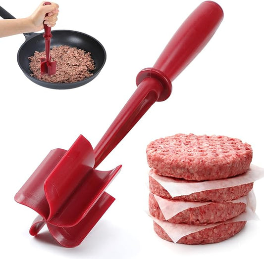 CUNSENR Premium Meat Chopper - 5 Curve Blade Ground Beef Smasher Tool - Heat-Resistant Nylon Meat Masher for Ground Beef, Hamburger, Potatoes - Non-Stick Ground Meat Chopper for Easy Mixing - Red