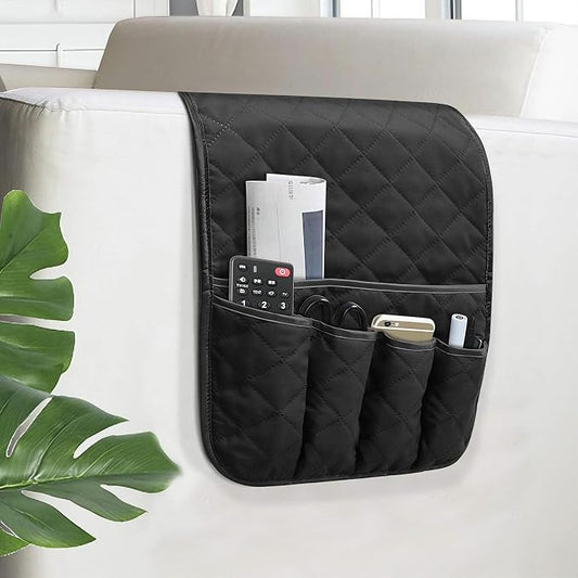 Armchair Caddy for Recliner, Couch Caddy Storage Organizer with 5 Pockets, Non Slip Sofa Arm Organizer for Remote Controls, Phone, Magazines, Tablet (Black)