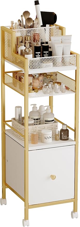 Makeup Organizer Storage Cart with Drawers, Large Floor Makeup Skincare Organizers, Rolling Makeup Cart Vanity Organizer Cosmetics Display Cases Holder for Nail Polish Brush Hair Tool（Gold）