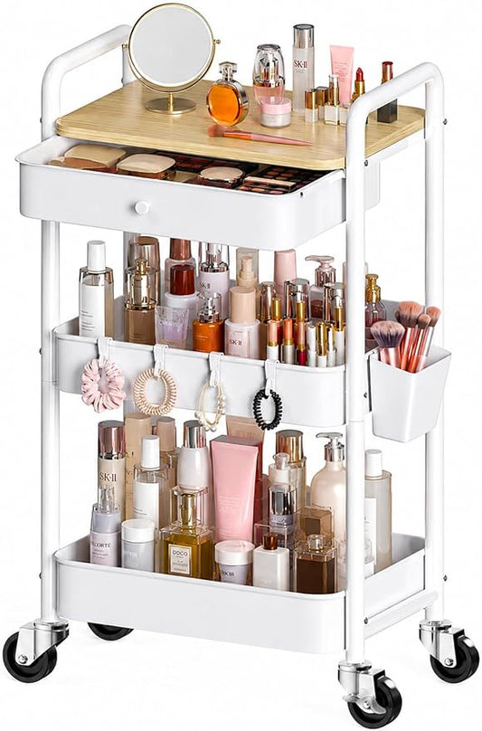 3 Tier Metal Rolling Cart with Drawers, Makeup Organizer Cart with Wheels for Skin Care/Lash/Hair Product/Perfume, Esthetician Pedicure Carts for Nail Techs, Vanity, Bathroom,Craft Storage Carts,White