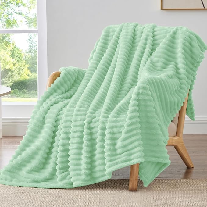BEDELITE Twin Blanket for Couch & Bed, 300GSM Soft & Warm Fleece Blanket, Decorative and Giftable Striped Mint Green Blankets for Women, Men, 60"x80"