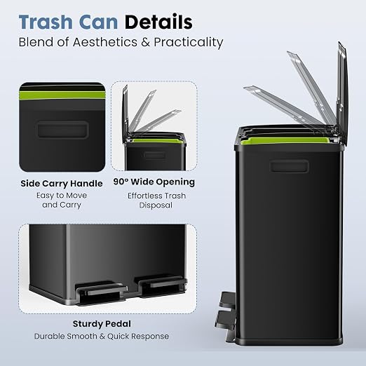 DUMOS Kitchen Double Trash Can, 2x8-Gallon Dual Trash Can with Lid, Stainless Steel Garbage Bin with 2 Removable Inner Buckets, Soft-Close Foot Pedal for Kitchen, Home, Office, Glossy Black