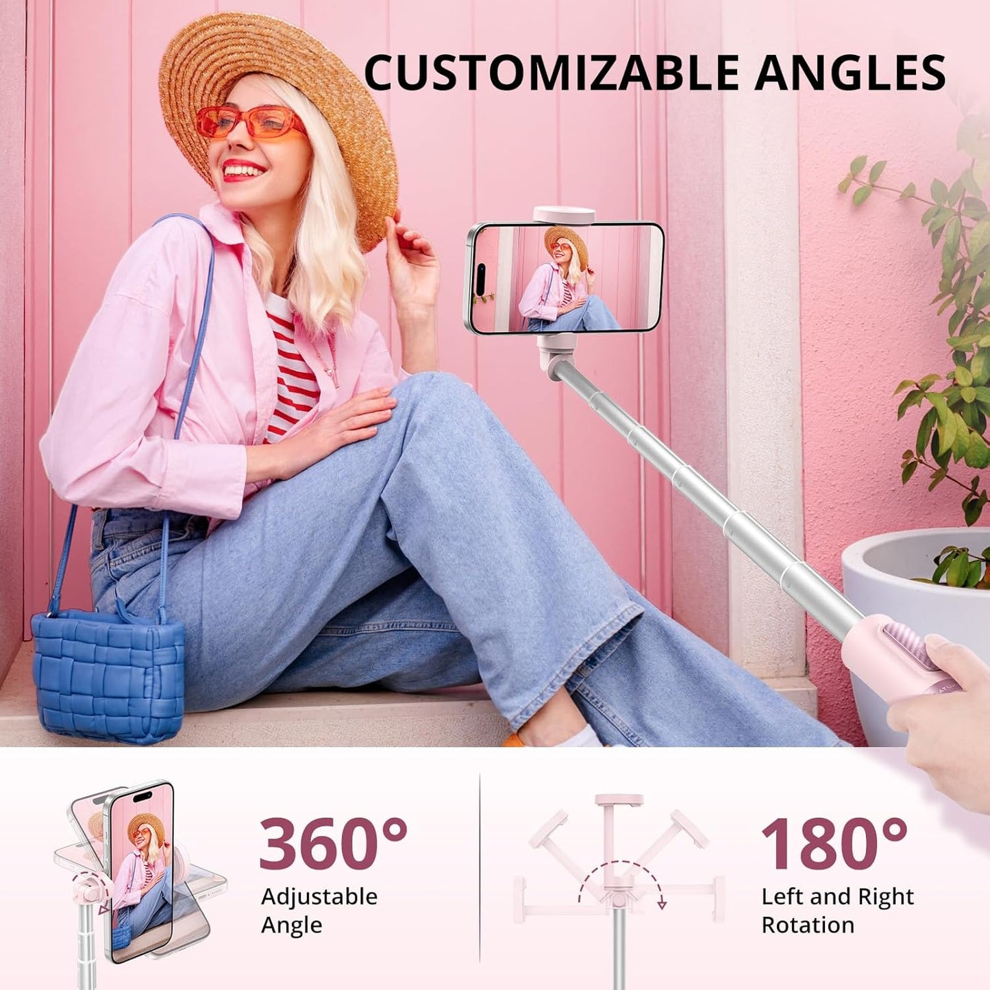 ATUMTEK 55" Selfie Stick Tripod, All-in-one Extendable Aluminum Phone Tripod with Rechargeable Bluetooth Remote for iPhone and More, Fitting 4.7-7 inch Smartphones, Pink