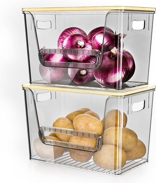 Delamu 2 Set Pantry Organizers and Storage,Trash Bag Dispenser with Bamboo Top,Stackable Trash Bag Dispenser Under Sink Organizer for 4-30 GalBags,Onion,Potato,Fruits,Gray(11.22" L*7" W*7.12" H)