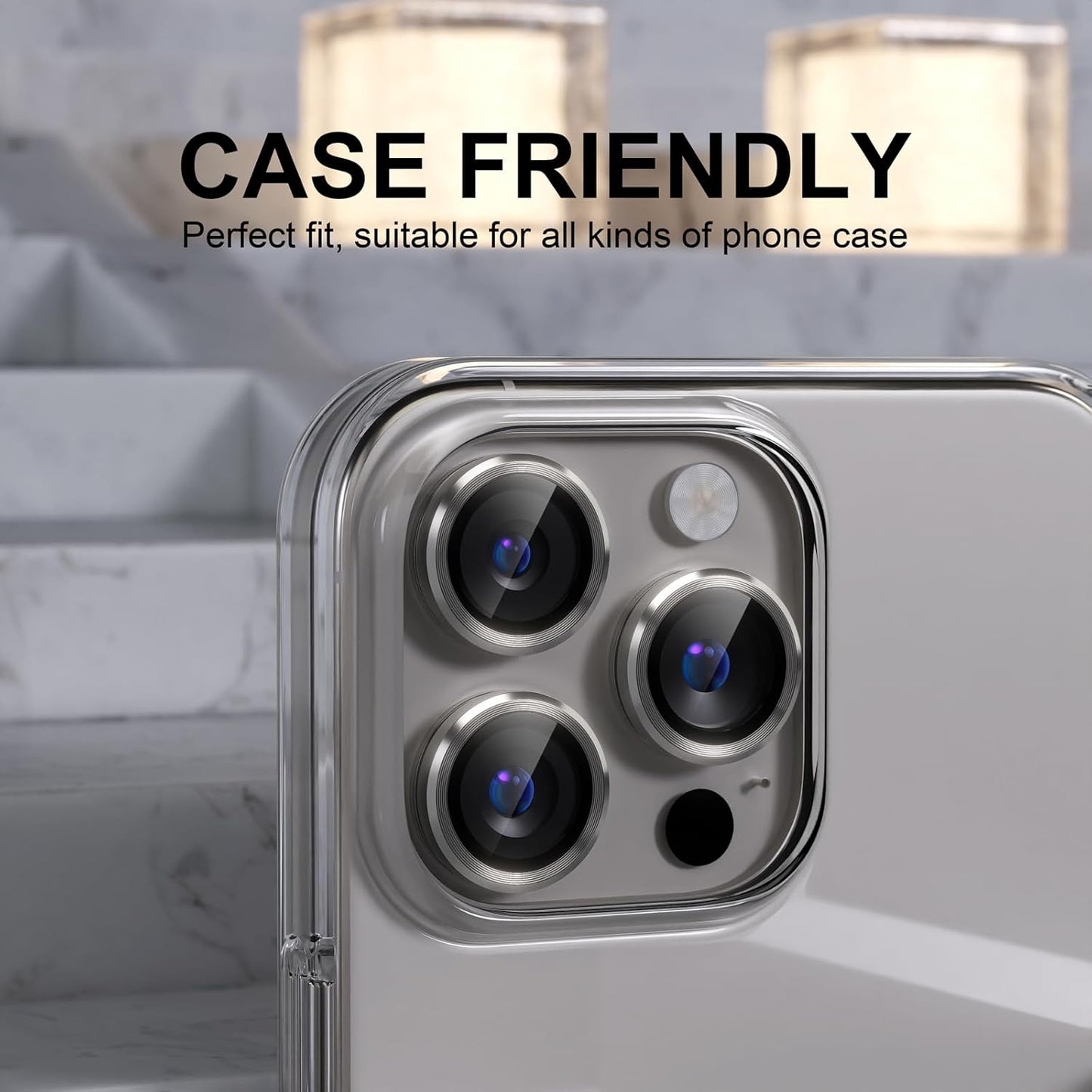Choiche Compatible for iPhone 16 Pro/iPhone 16 Pro Max Camera Lens Protector, 9H Tempered Glass Camera Cover Screen Protector Metal Ring Decoration Accessories (Titanium Natural)