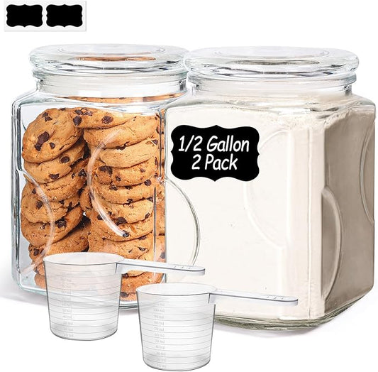 ComSaf 2 qt Glass Flour and Sugar Storage Containers Set of 2, Wide Mouth Half Gallon Square Airtight Pantry Jars with Lids, Thick Glass Kitchen Canisters for Cookies, Coffee, Snacks