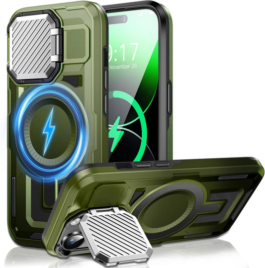 Camera Stand Case for iPhone 14 Pro, [Compatible with Mag Safe] [Lens Cover] 2024 Version Military Grade Protective Soft Case for iPhone 14 Pro 6.1 inch Men Women, Green