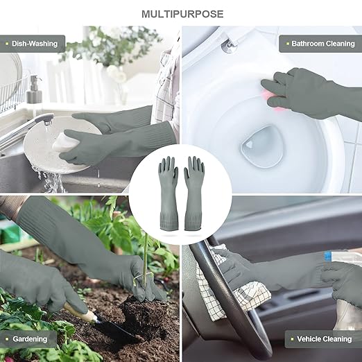 DABOGOSA Mamison 2 Pairs Reusable Waterproof Household Dishwashing Cleaning Rubber Gloves, Non-Slip Kitchen Glove (Grey, Large (Pack of 2))